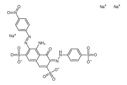 trisodium 4-amino-5-hydroxy-3-[(4-nitrophenyl)azo]-6-[(4-sulphonatophenyl)azo]naphthalene-2,7-disulphonate structure