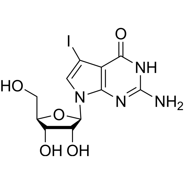 2-Amino-3,7-dihydro-5-iodo-7-β-D-ribofuranosyl-4H-pyrrolo[2,3-d]pyrimidin-4-one结构式