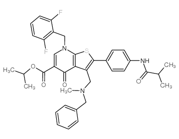 7-[(2,6-二氟苯基)甲基]-4,7-二氢-2-[4-[(2-甲基-1-氧丙基)氨基]苯基]-3-[[甲基(苯基甲基)氨基]甲基]-4-氧代-噻吩并[2,3-b]吡啶-5-羧酸-1-甲基乙酯盐酸盐图片