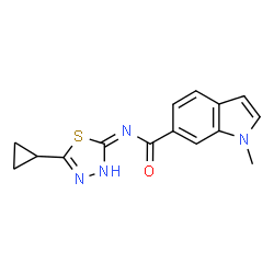 N-[(2E)-5-cyclopropyl-1,3,4-thiadiazol-2(3H)-ylidene]-1-methyl-1H-indole-6-carboxamide structure