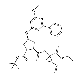 2-(1-ethoxycarbonyl-2-vinyl-cyclopropylcarbamoyl)-4-(6-methoxy-2-phenyl-pyrimidin-4-yloxy)-cyclopentanecarboxylic acid tert-butyl ester结构式