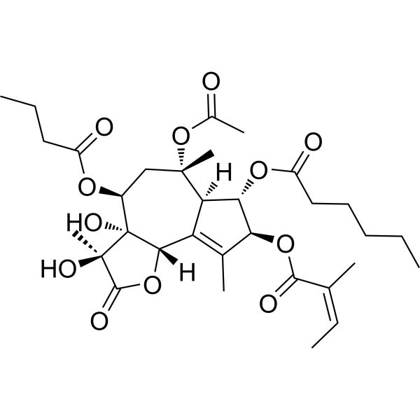 Hexanoic acid, 6-(acetyloxy)-2,3,3a,4,5,6,6a,7,8,9b-decahydro-3, 3a-dihydroxy-3,6, 9-trimethyl-8-[(2-methyl-1-oxo-2-butenyl)oxy]-2-oxo-4-(1-oxobutoxy )azuleno[4,5-b]furan-7-yl ester, [3R-[3.alpha.,3a.结构式