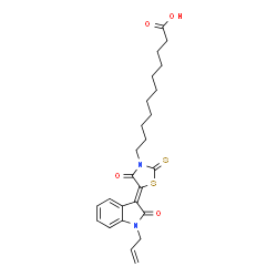 11-{(5Z)-4-oxo-5-[2-oxo-1-(prop-2-en-1-yl)-1,2-dihydro-3H-indol-3-ylidene]-2-thioxo-1,3-thiazolidin-3-yl}undecanoic acid structure