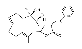 (3S,3aS,5S,6R,9E,13E,15aS)-5,6-dihydroxy-6,10,14-trimethyl-3-((phenylthio)methyl)-3a,4,5,6,7,8,11,12,15,15a-decahydrocyclotetradeca[b]furan-2(3H)-one结构式