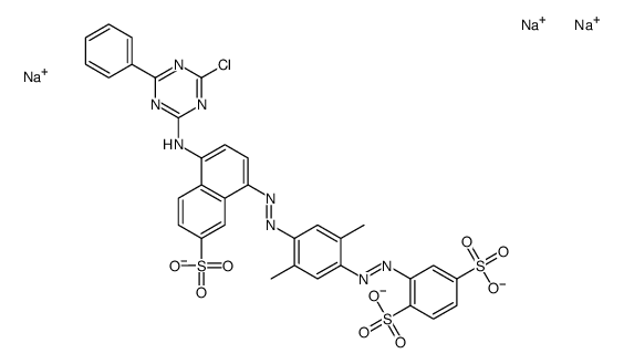 trisodium 2-[[4-[[4-[(4-chloro-6-phenyl-1,3,5-triazin-2-yl)amino]-7-sulphonato-1-naphthyl]azo]-2,5-dimethylphenyl]azo]benzene-1,4-disulphonate structure