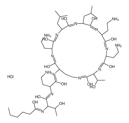 N-[1-[[4-amino-1-oxo-1-[[6,9,18-tris(2-aminoethyl)-3-(1-hydroxyethyl)-12,15-bis(2-methylpropyl)-2,5,8,11,14,17,20-heptaoxo-1,4,7,10,13,16,19-heptazacyclotricos-21-yl]amino]butan-2-yl]amino]-3-hydroxy-1-oxobutan-2-yl]hexanamide,hydrochloride Structure