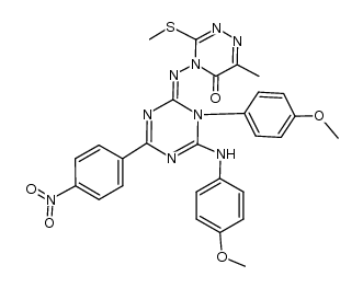(Z)-4-((1-(4-methoxyphenyl)-6-((4-methoxyphenyl)amino)-4-(4-nitrophenyl)-1,3,5-triazin-2(1H)-ylidene)amino)-6-methyl-3-(methylthio)-1,2,4-triazin-5(4H)-one结构式