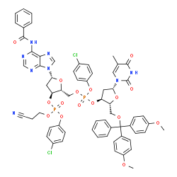 3'-Adenylic acid, 5'-O-(bis(4-methoxyphenyl)phenylmethyl)-P-(4-chlorophenyl)thymidylyl-(3'.5')-N-benzoyl-2'-deoxy-, 4-chlorophenyl 2-cyanoethyl ester Structure