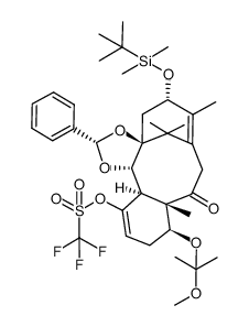 (2S,3aS,5S,9aS,10S,13aR,13bS)-5-((tert-butyldimethylsilyl)oxy)-10-((2-methoxypropan-2-yl)oxy)-6,9a,14,14-tetramethyl-9-oxo-2-phenyl-5,8,9,9a,10,11,13a,13b-octahydro-4H-3a,7-methanobenzo[3,4]cyclodeca[1,2-d][1,3]dioxol-13-yl trifluoromethanesulfonate结构式