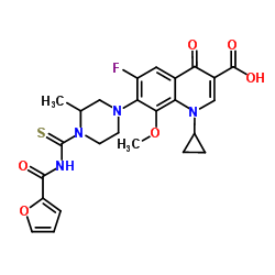 3-Quinolinecarboxylic acid, 1-cyclopropyl-6-fluoro-7-[4-[[(2-furanylcarbonyl)amino]thioxomethyl]-3-Methyl-1-piperazinyl]-1,4-dihydro-8-Methoxy-4-oxo-结构式