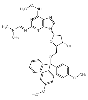 5'-o-(dimethoxytrityl)-2-(dimethylaminomethylidene-amino)-6-(methoxylamino)purine-2'-deoxyriboside structure