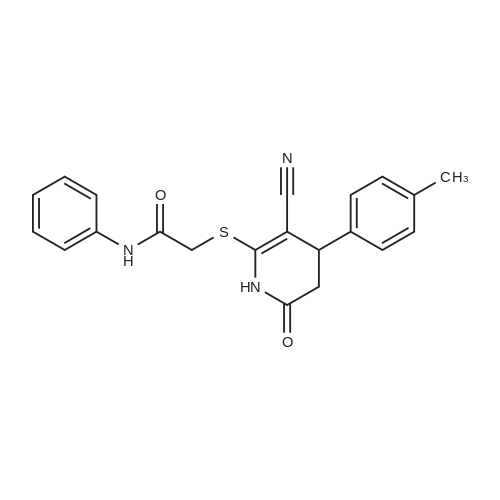 2-((3-Cyano-6-oxo-4-(p-tolyl)-1,4,5,6-tetrahydropyridin-2-yl)thio)-N-phenylacetamide structure