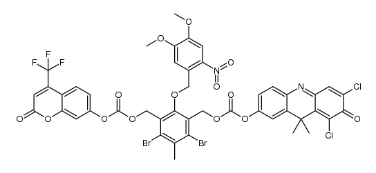 2,4-dibromo-6-((4,5-dimethoxy-2-nitrobenzyl)oxy)-3-methyl-5-(((((2-oxo-4-(trifluoromethyl)-2H-chromen-7-yl)oxy)carbonyl)oxy)methyl)benzyl (6,8-dichloro-9,9-dimethyl-7-oxo-7,9-dihydroacridin-2-yl) carbonate Structure