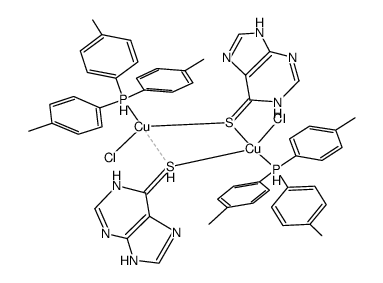 bis{copper(I)(purine-6-thione)(tri-p-tolylphosphine)chloride}结构式