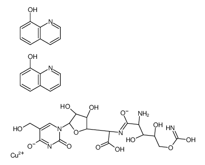 copper,(2S)-2-[[(2S,3S,4S)-2-amino-5-carbamoyloxy-3,4-dihydroxypentanoyl]amino]-2-[(2R,3S,4R,5R)-3,4-dihydroxy-5-[5-(hydroxymethyl)-2,4-dioxopyrimidin-1-yl]oxolan-2-yl]acetic acid,quinolin-8-olate Structure