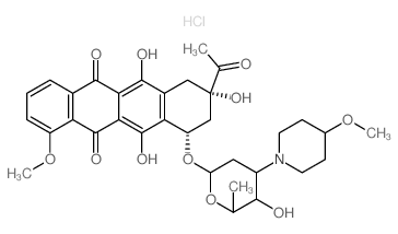 5,12-Naphthacenedione, 8-acetyl-7,8,9,10-tetrahydro-6,8,11-trihydroxy-1-methoxy-10-((2,3,6-trideoxy-3-(4-methoxy-1-piperidinyl)-alpha-L-lyxo-hexopyranosyl)oxy)-, hydrochloride, (8S-cis)- Structure