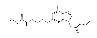 ethyl 2-[6-amino-2-{3-(t-butoxycarbonylamino)-propyl}amino-9H-purin-9-yl]acetate结构式