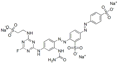 Benzenesulfonic acid, 2-2-(aminocarbonyl)amino-4-4-fluoro-6-(2-sulfoethyl)amino-1,3,5-triazin-2-ylaminophenylazo-5-(4-sulfophenyl)azo-, sodium salt Structure