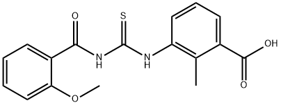 3-[[[(2-methoxybenzoyl)amino]thioxomethyl]amino]-2-methyl-benzoic acid structure