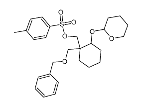 1-Benzyloxymethyl-2-((tetrahydropyran-2-yl)oxy)-1-(p-tolylsulphonyloxymethyl)cyclohexane结构式