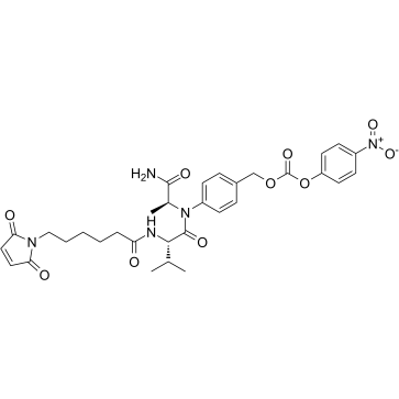 4-((S)-2-((S)-2-(6-(2,5-Dioxo-2,5-dihydro-1H-pyrrol-1-yl)hexanamido)-3-methylbutanamido)propanamido)benzyl (4-nitrophenyl) carbonate structure