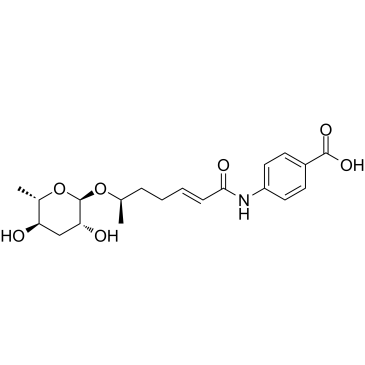 4-((R,E)-6-(((2R,3R,5R,6S)-3,5-dihydroxy-6-methyltetrahydro-2H-pyran-2-yl)oxy)hept-2-enamido)benzoic acid structure