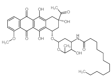 (8S-cis)-8-Acetyl-7,8,9,10-tetrahydro-6,8,11-trihydroxy-1-methoxy-10-((2,3,6-trideoxy-3-((1-oxododecyl)amino)-alpha-L-lyxo-hexopyranosyl)oxy)-5,12-naphthacenedione结构式