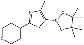 4-methyl-2-(tetrahydro-2H-pyran-4-yl)-5-(4,4,5,5-tetramethyl-1,3,2-dioxaborolan-2-yl)thiazole structure