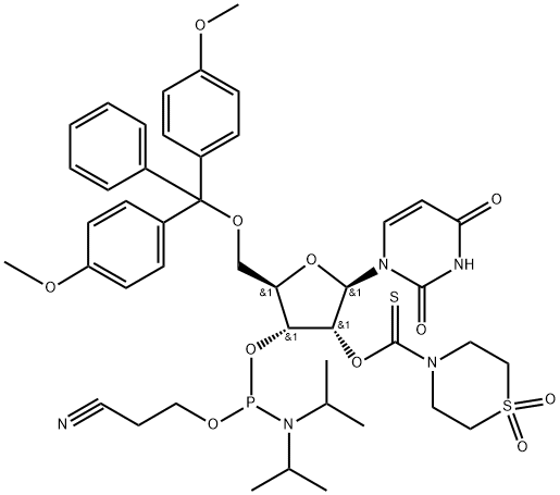 O5′-(4,4′-dimethoxytrityl)-O2′-(1,1-dioxothiomorpholine-4-thiocarbonyl)uridine O3′-(O-(2-cyanoethyl)-N,N-diisopropylphosphoramidite)结构式