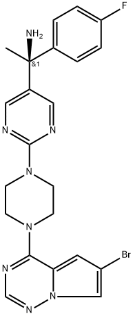 5-Pyrimidinemethanamine, 2-[4-(6-bromopyrrolo[2,1-f][1,2,4]triazin-4-yl)-1-piperazinyl]-α-(4-fluorophenyl)-α-methyl-, (αS)-结构式