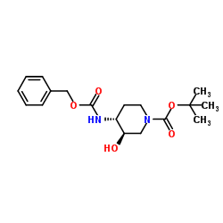 2-Methyl-2-propanyl (3R,4R)-4-{[(benzyloxy)carbonyl]amino}-3-hydroxy-1-piperidinecarboxylate结构式