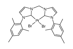 1,1-[bis(3,3'-(2,4,6-trimethylphenyl)-1,1'-1H-imidazolium-2,2'-ylidene)methanediyl]-platinum(II)-dibromide结构式