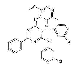 (Z)-4-((1-(3-chlorophenyl)-6-((3-chlorophenyl)amino)-4-phenyl-1,3,5-triazin-2(1H)-ylidene)amino)-6-methyl-3-(methylthio)-1,2,4-triazin-5(4H)-one结构式