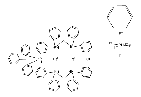 [(platinum(I))2(μ-bis(diphenylphosphino)methane)2Cl(PPh3)](PF6)*3(benzene)结构式