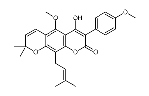 4-Hydroxy-5-methoxy-3-(4-methoxyphenyl)-8,8-dimethyl-10-(3-methyl-2-butenyl)-2H,8H-benzo[1,2-b:5,4-b']dipyran-2-one结构式