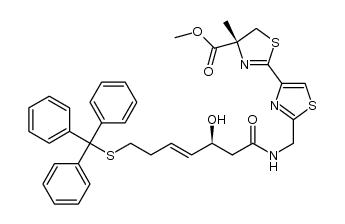 (R)-methyl 2-(2-(((3S,4E)-3-hydroxy-7-(tritylthio)hept-4-enamido)methyl)thiazol-4-yl)-4-methyl-4,5-dihydrothiazole-4-carboxylate结构式