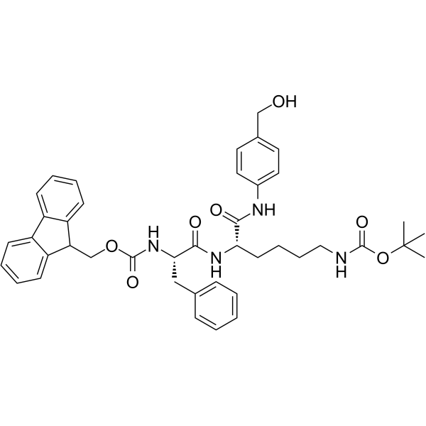 (9H-芴-9-基)甲基 ((S)-1-(((S)-6-((叔丁氧基羰基)氨基)-1-((4-(羟甲基)苯基)氨基)-1-氧代己-2-基)氨基)-1-氧代-3-苯基丙烷-2-基)氨基甲酸酯结构式