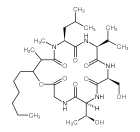 Glycine, N-(N-(N-(N-(N-(3-hydroxy-2-methyl-1-oxononyl)-N-methyl-L-leuc yl)-L-valyl)-L-seryl)-L-allothreonyl)-, rho-lactone结构式