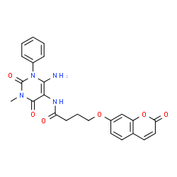 Butanamide,N-(6-amino-1,2,3,4-tetrahydro-3-methyl-2,4-dioxo-1-phenyl-5-pyrimidinyl)-4-[(2-oxo-2H-1-benzopyran-7-yl)oxy]-结构式