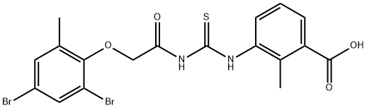 3-[[[[(2,4-dibromo-6-methylphenoxy)acetyl]amino]thioxomethyl]amino]-2-methyl-benzoic acid structure