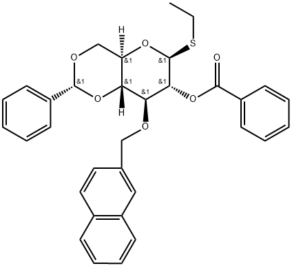 乙基 4,6-O-苯亚甲基-3-O-(2-甲基萘基)-2-O-苯甲酰基-β-D-硫代吡喃葡萄糖苷结构式