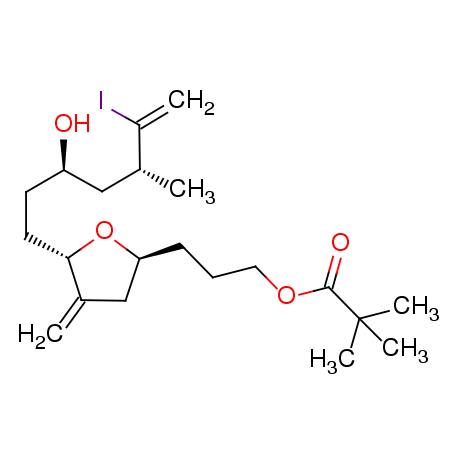 3-((2S,5S)-5-((3R,5R)-3-羟基-6-碘-5-甲基庚-6-烯-1-基)-4-亚甲基四氢呋喃-2-基)丙基新戊酸酯图片