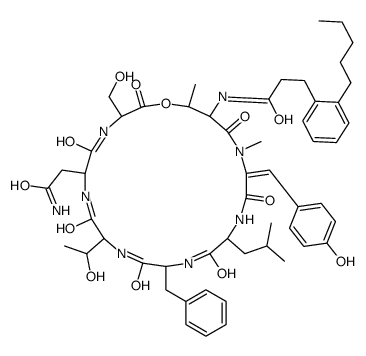 N-[6-(2-amino-2-oxoethyl)-12-benzyl-9-(1-hydroxyethyl)-3-(hydroxymethyl)-18-[(4-hydroxyphenyl)methylidene]-19,22-dimethyl-15-(2-methylpropyl)-2,5,8,11,14,17,20-heptaoxo-1-oxa-4,7,10,13,16,19-hexazacyclodocos-21-yl]-3-(2-pentylphenyl)propanamide结构式