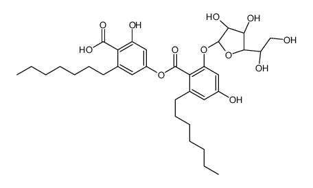 4-[2-[(2S,3R,4R)-5-[(1R)-1,2-dihydroxyethyl]-3,4-dihydroxyoxolan-2-yl]oxy-6-heptyl-4-hydroxybenzoyl]oxy-2-heptyl-6-hydroxybenzoic acid Structure