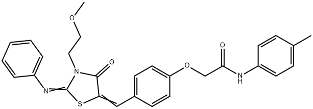 2-(4-{[3-(2-methoxyethyl)-4-oxo-2-(phenylimino)-1,3-thiazolidin-5-ylidene]methyl}phenoxy)-N-(4-methylphenyl)acetamide结构式