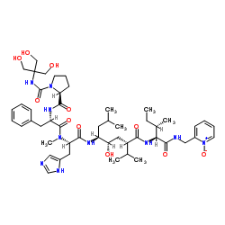 1-{[1,3-Dihydroxy-2-(hydroxymethyl)-2-propanyl]carbamoyl}-L-prolyl-L-phenylalanyl-N-[(4S,5S,7S)-5-hydroxy-2,8-dimethyl-7-{[(2S,3S)-3-methyl-1-{[(1-oxido-2-pyridinyl)methyl]amino}-1-oxo-2-pentanyl]carbamoyl}-4-nonanyl]-Nα-methyl-L-histidinamide Structure
