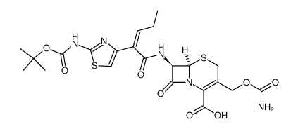 7β-((Z)-2-(2-tert-butoxycarbonylaminothiazol-4-yl)-2-pentenoylamino)-3-carbamoyloxymethyl-3-cephem-4-carboxylic acid Structure