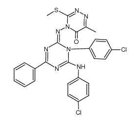 (Z)-4-((1-(4-chlorophenyl)-6-((4-chlorophenyl)amino)-4-phenyl-1,3,5-triazin-2(1H)-ylidene)amino)-6-methyl-3-(methylthio)-1,2,4-triazin-5(4H)-one结构式