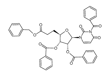 benzyl 2,3-di-O-benzoyl-1-(3-benzoyluracil-1-yl)-1,5,6-trideoxy-β-D-ribo-heptofuranuronate Structure