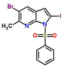 1-(Phenylsulphonyl)-5-bromo-2-iodo-6-Methyl-7-azaindole结构式